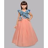 PinkChick Cap Sleeves Doodle Art Printed Frill Bodice Detailed & Flower Applique Embellished Flared Gown - Peach & Blue