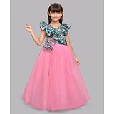 PinkChick Cap Sleeves Doodle Art Printed Frill Bodice Detailed & Flower Applique Embellished Flared Gown - Pink & Blue