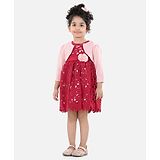 WhiteHenz Clothing Three Fourth Sleeves Solid Jacket With Hollow Out Designed Detailed And Floral Applique Dress - Pink & Maroon