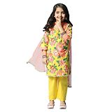 BIBA Three Fourth Sleeves Floral Printed & Gota Lace Embellished  Kurta Pants & Dupatta - Yellow