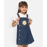 Nauti Nati Half Sleeves Floral Applique Detailed Denim Dungaree Dress With Solid  Tee - Blue