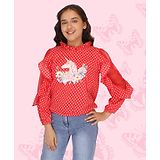 Cutecumber Three Fourth Sleeves Polka Dots & Unicorn Printed Top - Red