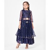 Babyhug Sleeveless Sequenced Brocade Choli with Embroidered Lehenga and Embroidered Shrug - Navy Blue