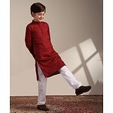 Manyavar Full Sleeves Striped Pattern Design & Abstract Printed Kurta & Pyjama Set - Maroon