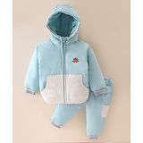 Little Kangaroos Woven Full Sleeves Hooded Winter Wear Suit - Blue & White