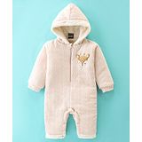 Little Kangaroos Full Sleeves Winter Wear Hooded Romper with Dear Applique - Beige