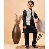 Vastramay Silk Blend Full Sleeves  Solid Kurta & Pyjama With  Floral Motif Woven  Design Nehru Jacket - Black & Beige