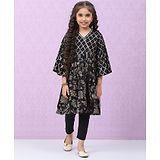 BIBA Viscose Three Fourth Sleeves Ethnic Floral & Block Motif Foil Printed Flared Kurta Set - Black