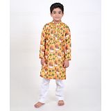 Jilmil Full Sleeves Vintage Cow & Trees Printed With Panel Embroidered Kurta  Pyjama Set - Mustard Yellow