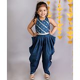 Lil Drama Sleeveless Ethnic  Floral  Foil Jamavar  Print & Lace Embellished And Smocked Detailed  Back Jumpsuit -  Teal Blue