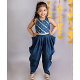 Lil Drama Sleeveless Ethnic  Floral  Foil Jamavar  Print & Lace Embellished And Smocked Detailed  Back Jumpsuit -  Teal Blue