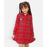 Nauti Nati Pure Cotton Full Sleeves Plaid Checked & Heart Patch Detailed Shirt Dress -  Red