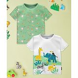 Nauti Nati Pack Of 2 Half Sleeves Forest Theme Animals & Cars Printed Tees - Green & White