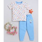 BUMZEE Half Sleeves Birds Printed Tee With Ready For The Next Trip Pajama - Cream & Blue