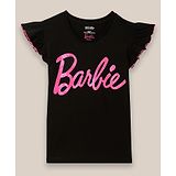 Kidsville Mattel Featuring Barbie Cap Frill Sleeves Barbie Text Printed Tee - Black