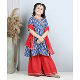 Kinder Kids Half Sleeves Jaipuri Floral Printed & Pin Striped Angrakha Style Kurta With Lace Embellished Sharara & Dupatta - Blue & Red