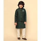 KISAH Cotton Tencel Blend Full Sleeves Solid Kurta Jacket Pyjama Set - Green