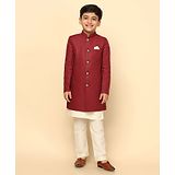 KISAH Cotton Tencel Blend  Full Sleeves Solid Kurta Sherwani Pyjama Set - Maroon