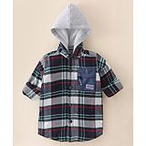 RUFF Woven Full Sleeves Checks Shacket With Detachable Hood - Navy Blue