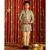 Vastramay Full Sleeves Seamless Abstract Designed Sherwani Set - Grey & Cream