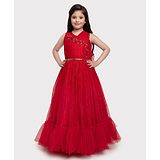 Betty By Tiny Kingdom Net Sleeveless Rose Applique Detailed & Mirror Work Embellished Bodice Pleated Party  Gown - Red