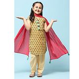 BIBA Half Sleeves Flower Motif & Abstract Pattern  Printed Kurta & Salwar With Dupatta Set -  Yellow