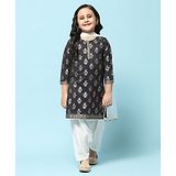 BIBA Three Fourth Sleeves Floral Foil Printed Kurta With Patiala & Dupatta Set - Black