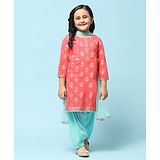 BIBA Three Fourth Sleeves Floral Foil Printed Kurta With Patiala & Dupatta Set - Pink