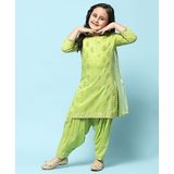 BIBA Three Fourth Sleeves Floral Foil Printed Kurta With Patiala & Dupatta Set - Green