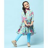 BIBA Three Fourth Sleeves Floral Printed & Gota Lace Embellished Tiered Kurta With Leggings & Dupatta - Turquoise Blue