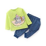 Babyhug Tom And Jerry By  Cotton Single Jersey Knit Full Sleeves Night Suit Stripes & Tom & Jerry Print - Green & Blue