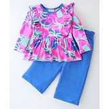 CrayonFlakes Full Sleeves Frill Detailed Abstract Palm Tree Printed Peplum Style Top & Palazzo Set - Pink & Blue