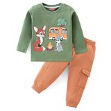 Babyhug 100% Cotton Single Jersey Knit Full Sleeves T-Shirt & Lounge Pant Fox Print - Brown & Olive Green