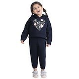 Wingsfield Full Sleeves Floral Heart Hooded Co Ord Set - Navy Blue