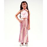 Lil Drama Sleeveless Barbie Text Printed & Rose Applique Detailed Ballerina Crop Top With Shimmer Pant - Pink