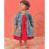 Vastramay Full Sleeves Solid Dress With Floral  Printed & Gota Lace Embellished  Jacket - Red And Aqua Blue