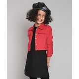 Taffykids Full Sleeves Solid Corduroy Crop Jacket With A Line Dress - Red & Black