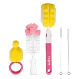 BAYBEE 4 in 1 Nylon Bristles Baby Feeding Bottles & Nipple Cleaning Brush Easy Grip 360 Rotating Long Handle for Easy to Clean Bottle Neck & Corners for All Mugs & Cups (Pink)