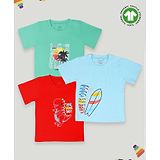 Kidbea Pack Of 3 Half Sleeves Dinosaur Awesome Day & Palm Tree Printed Bamboo Fabric Tees - Red Blue & Green