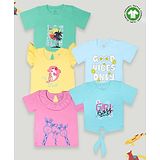 Kidbea Pack Of 5 Half Sleeves Girl Boos & Palm Tree Printed Bamboo Fabric Tees - Blue Yellow Pink & Green