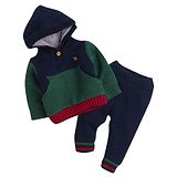 Yellow Apple Hooded Full Sleeves Sweater Set With Solid Colour - Navy Blue & Green