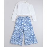 Taffykids Solid Full Sleeves Cut Out Detail Top And Floral Printed Pant Set - White Blue