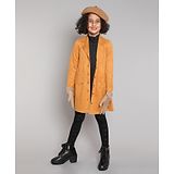 Taffykids Full Sleeves Lapel Collared Suede Jacket With Solid A Line Dress - Black & Mustard Brown