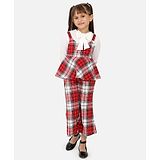 Nauti Nati Full Sleeves Checked Peplum Top & Trouser Pant With Solid Inner Tee & Bow Detailed - Red