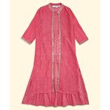 Akkriti by Pantaloons Half Sleeves Moroccan Foil Printed Kurta Dress With Placement Sequin Embellished Shrug  - Pink