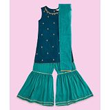 Akkriti by Pantaloons Sleeveless Floral Embroidered & Gota Lace Embellished Kurta  Sharara With Dupatta Set - Teal Blue