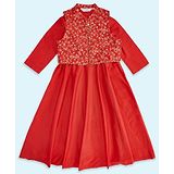 Akkriti by Pantaloons Full Sleeves Floral Swirl Foil Printed Design Ethnic Dress With Jacket - Red