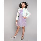 Taffykids Taffy Full Sleeves Knitted Polka Dots Designed Fur Jacket With Holographic A Line Dress - Lilac & White