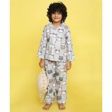 Knitting Doodles Pure Cotton Poplin Full Sleeves All Over Kittens & Dots Printed Coordinating Night Suit - Grey