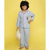 Knitting Doodles Pure Cotton Yarn Dyed Placement Text Embroidered & Pencil Striped Night Suit - White And Blue